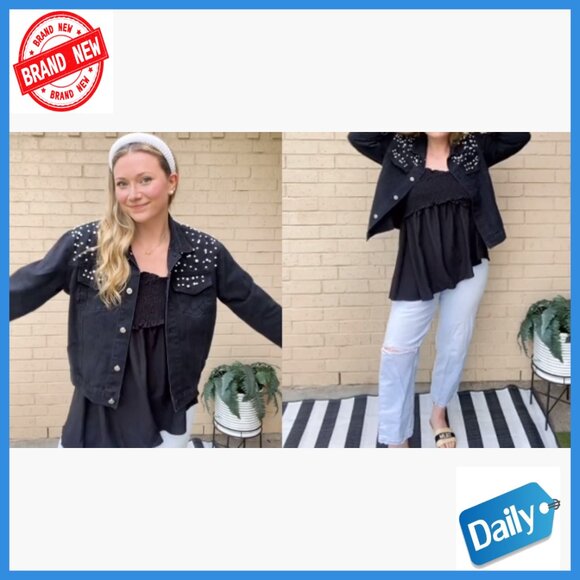 Loose Fit Cropped Denim Jacket with Pearl Beading and Vintage Style - Picture 3 of 6